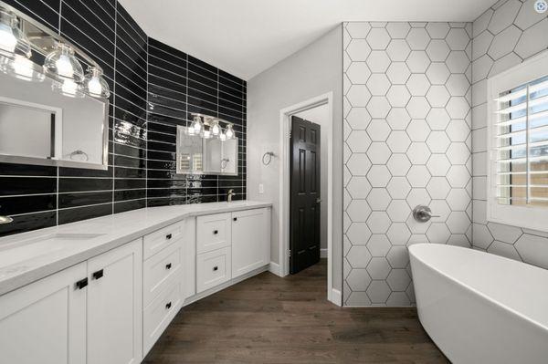 white shaker cabinets with subway tile