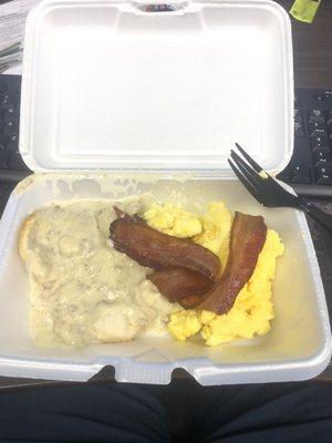 Biscuits and Gravy with eggs and bacon... all under $5!