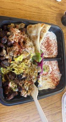 Lamb and chicken shawarma with rice and Tzatziki Dip