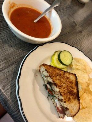 Caprese grilled cheese and basil soup