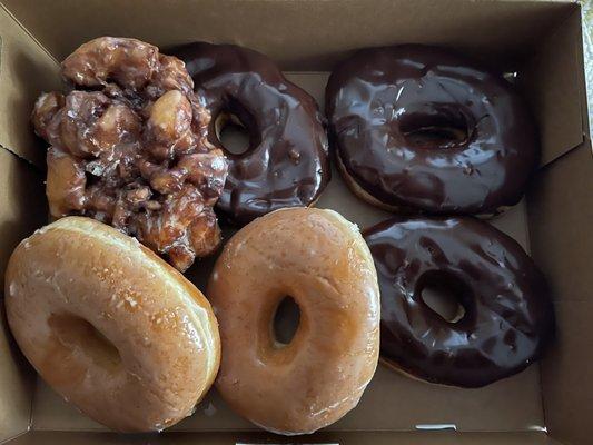 Apple fritter, chocolate and original glaze.