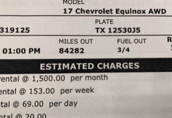 Paperwork initially provided to me by the agency. 84,282 miles out and 3/4 fuel out.