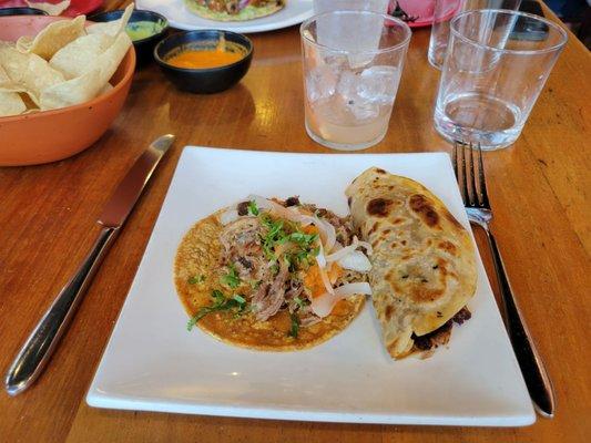 Yummy tacos: Carnitas left and Costra de Ribeye (chorizo) right