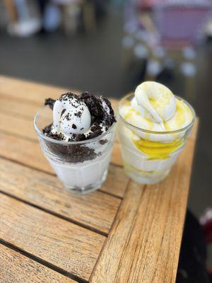 Cookies and cream soft serve, sea salt and olive oil soft serve