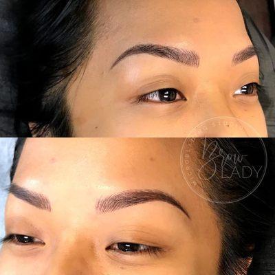 Microblading with machine shading at the ends to give her dimensions and natural looking brows.