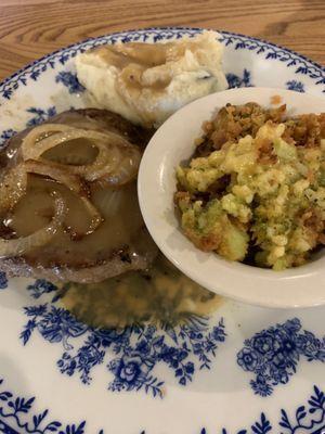 Chopped Steak with gravy and sautéed onions, mashed potatoes and gravy, and broccoli casserole for lunch!  So yummy!