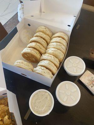 Rolls... biscuits, really, and gravy sides to the fried chicken.