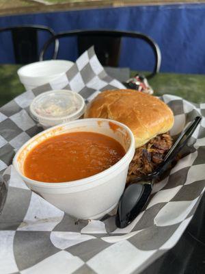 Pulled Pork Sandwich with Slaw and a side of tomato basil soup