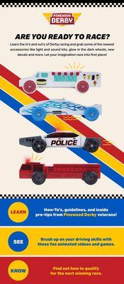 Largest selection of Pinewood Derby items.  New this year lights/sound action.