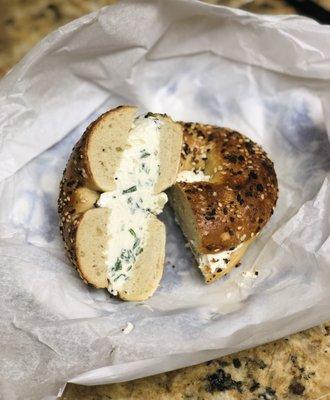 Everything bagel with chive and green onion schmear