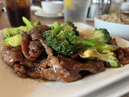 Beef with Broccoli. I chose brown rice and egg flower soup for my lunch special!