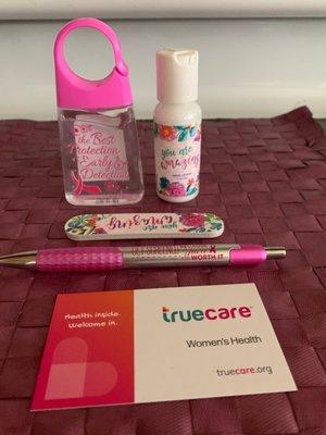 True Care FREE Gift Bag for patients. Hand Sanitizer, Hand Lotion, Nail File, Pen, & True Care Business Card.