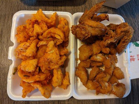 Crispy Hot and Spicy Fish on the left, and Fried Chicken Wings/Fried Baby Shrimp on the right. All 3 dishes are on point!