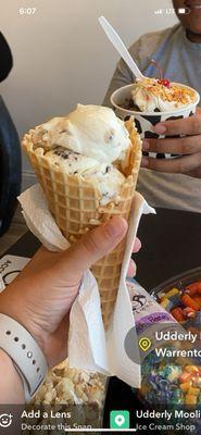 I had a waffle cone with cookie dough and cookies n cream.   My boyfriend got a brownie sundae.