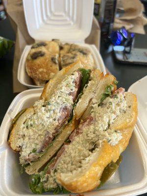 Philly cheese steak with mushroom bagel (my new fav)& cashew chicken salad in jalapeño bagel..