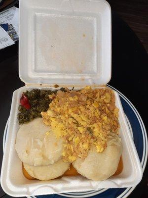 Callaloo, ackee and saltfish, and dumplings