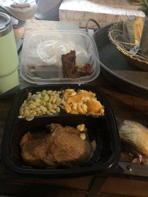 Fried pork chop, lima beans and Mac and cheese