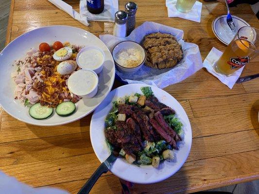 Chef salad, steak fingers, small caesar add ribeye