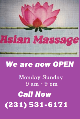 Asian Massage in Whitehall, Michigan is Open Monday - Sunday,
9 am - 9 pm. 
Call Now