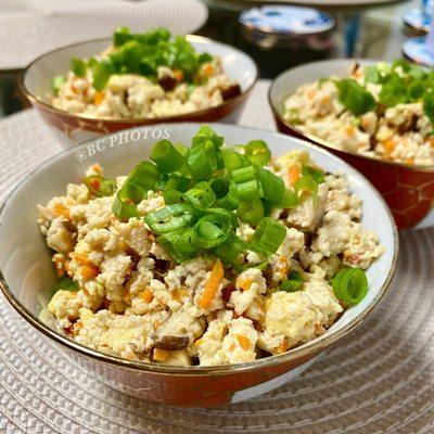 Tofu scrambled eggs lovingly made from scratch by The Kid.