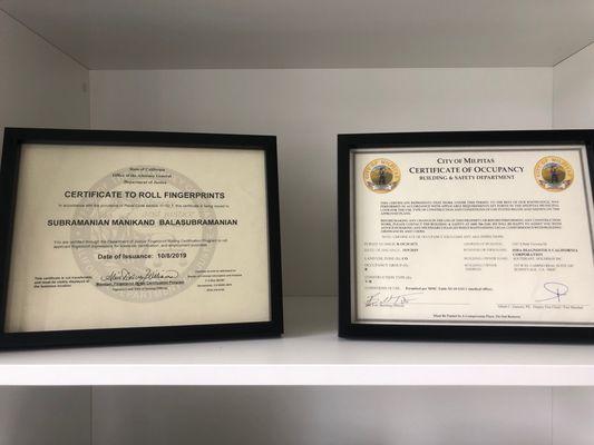 Fingerprint rolling certificate from CA Office of attorney general and certificate of occupancy from City of Milpitas.