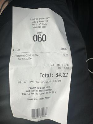 Receipt for the flatbread where foreign object was found.