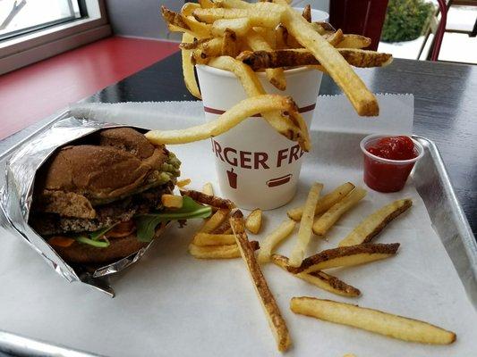 California burger on wheat with fries