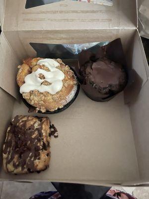 In the back: Peach Cobbler Roll, Olympic Chocolate Muffin, and in the front a Candied Bacon Chocolate Scone.