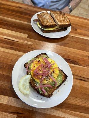 Avocado toast with an egg and egg sandwich.  Delicious!