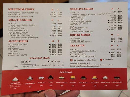 Menu with prices