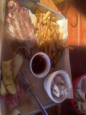 Brisket, fries, and potato salad