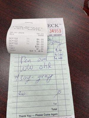 Bill was a little over $21.00 for two of us, both had the same thing, did not include a drink, we both had water.