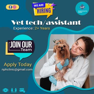 We are #hiring 
 
 Vet tech/assistant. 2+ experience is a must.
 To apply, email your resume at neighborhoodpethospital@gmail.com