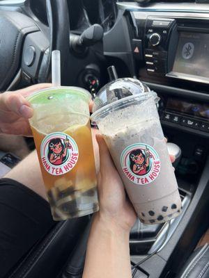 Pineapple, mango fruit teas with boba and lychee jelly.  Oreo smoothie with boba.