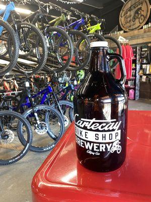 Bike shop and Brewery! Growlers available for beer on the go.