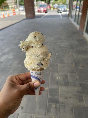 Chocolate chip cookie dough ice cream on sugar cone