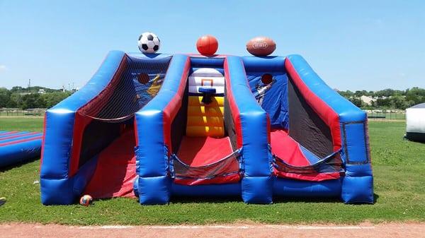 Sports Zone offers soccer kick, basketball shot, and football toss