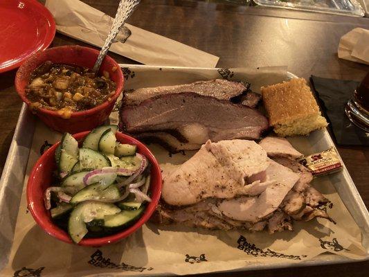 Brisket, smoked turkey, cucumber salad & beans