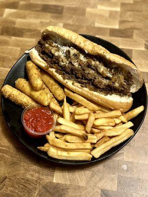 Original Cheesesteak, French Fries and Mozzerella Sticks