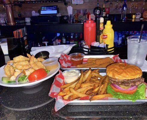 House salad with fried shrimp, burger & fries, mozzarella sticks