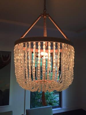 Hemp wrapped chandelier with recycled glass beads