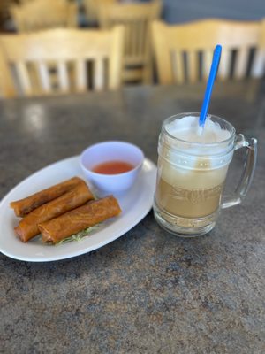 Fried Egg Rolls and Coffee with cream