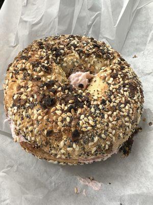 Everything bagel (toasted) with lox spread