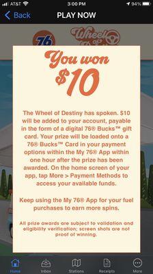 3rd Time I've won $10 fuel in the app playing Wheel of Destiny! Thank you 76 for $30 of free gas!