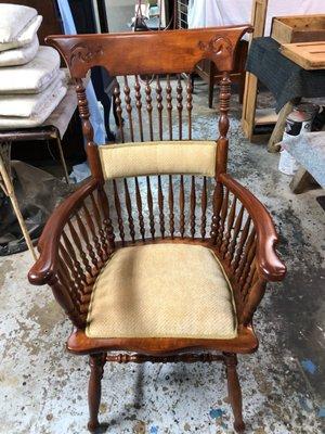 My great-grandfather's formerly battered chair after Don's Furniture Restoration finished with it.