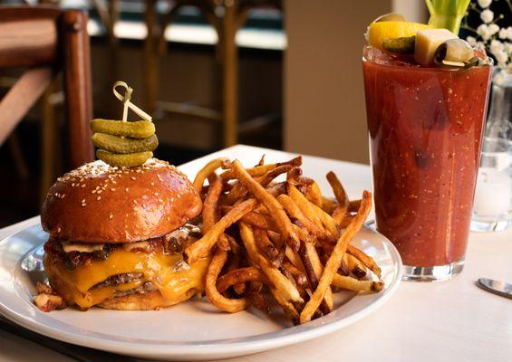 Smash Double Cheeseburger, hand-cut fries, house Virgin Mary