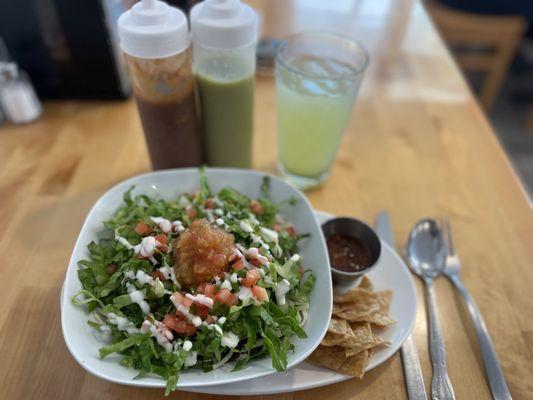 Impossible meat burrito bowl with the cucumber mint Fresca.