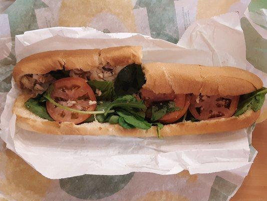 Footlong rotisserie-style chicken, tomato, spinach, tiny olive oil drizzle, Provolone on toasted Italian. Lunch & dinner.