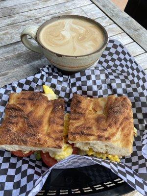 Breakfast sandwich with a vanilla latte (sub housemade almond milk)