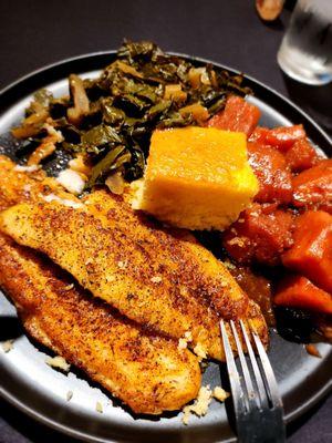 Blackened catfish greens, yams cornbread